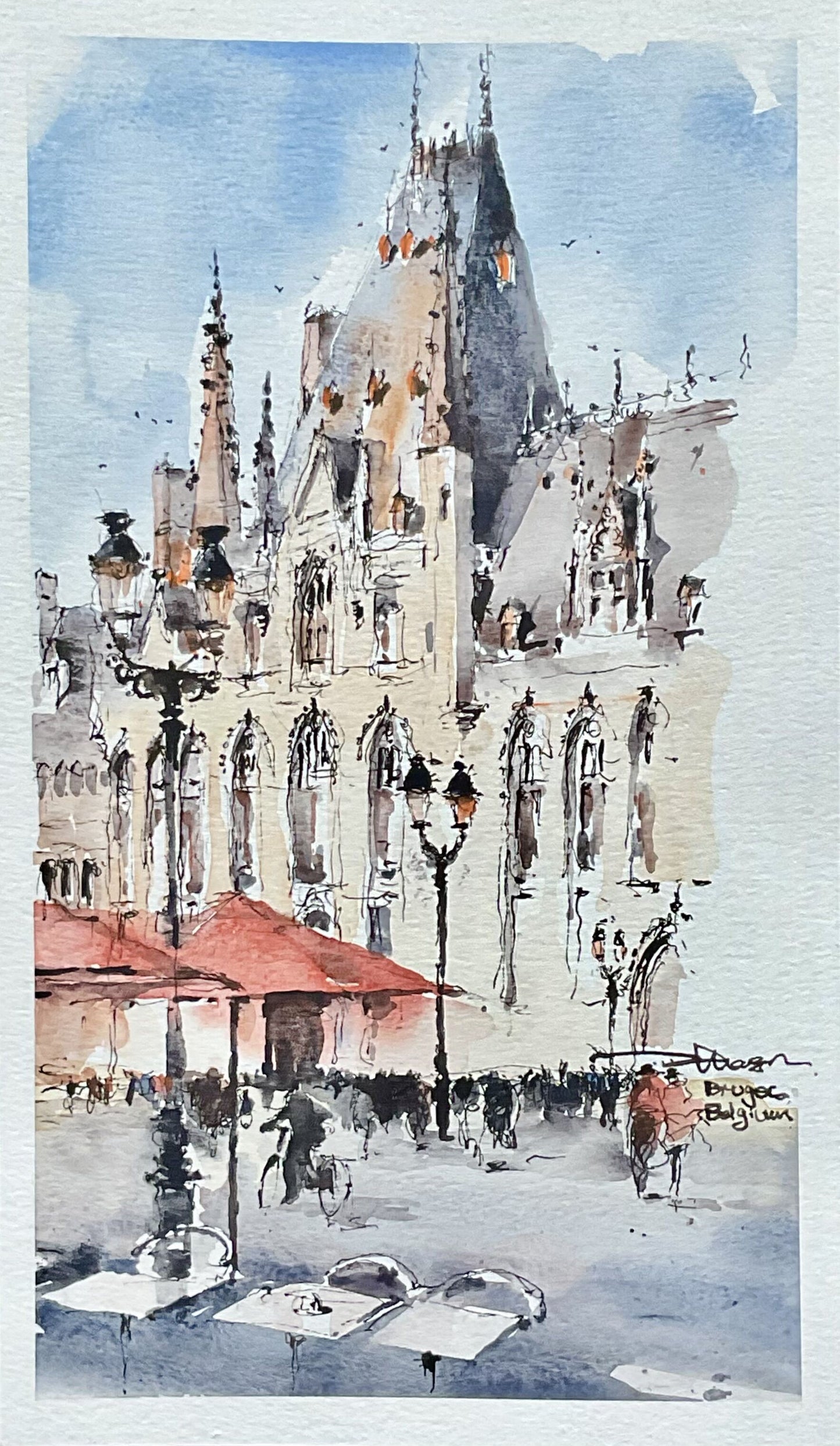 A Corner of square, Bruges, Belgium (size 7'' x 12'')