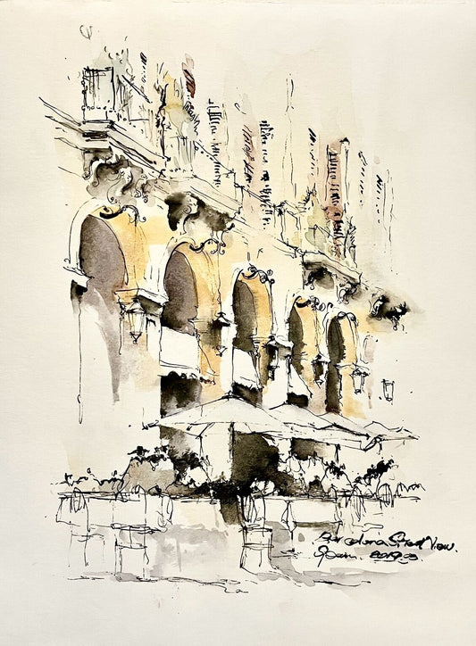 A corner of a building in Barcelona Spain (size 9'' x12'')
