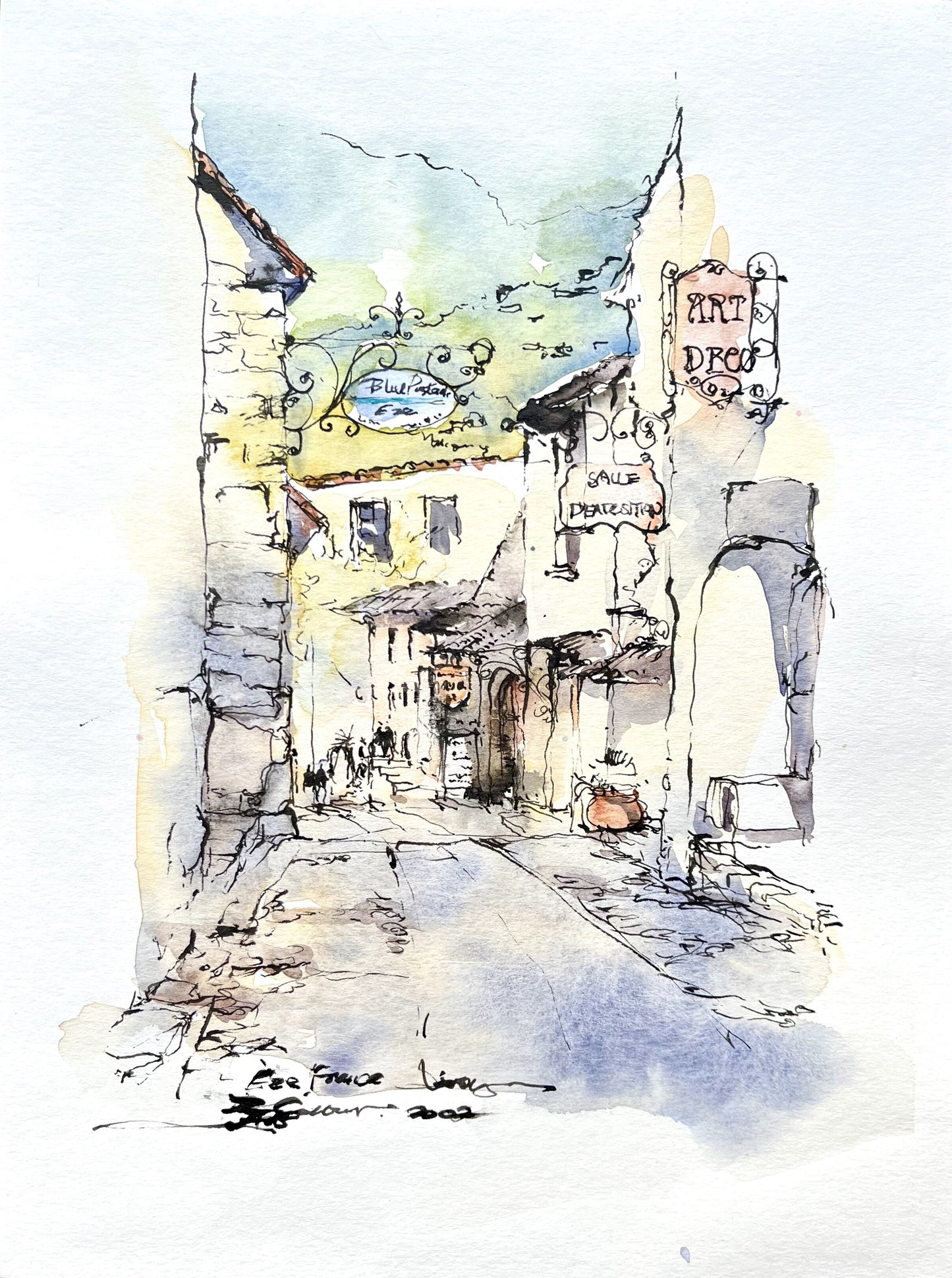 A street view, Eze, France （ 2 ），(size 9''x12'')