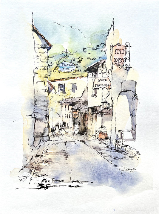 A street view, Eze, France （ 2 ），(size 9''x12'')