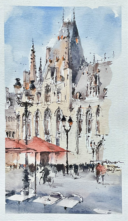 A Corner of square, Bruges, Belgium (size 7'' x 12'')