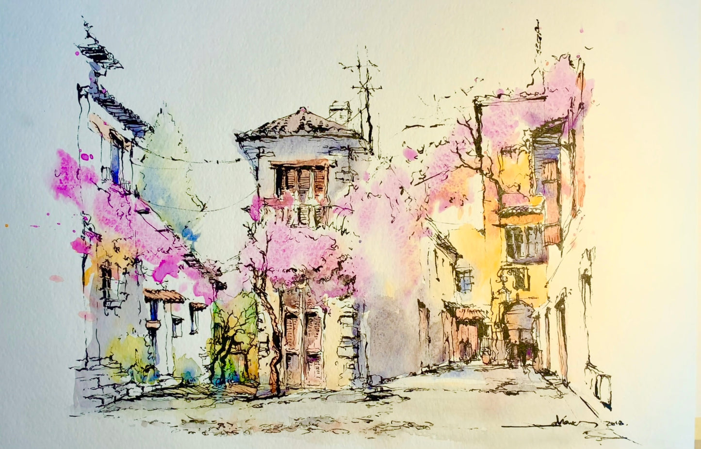 The French Town of Eze in a sea of flowers (size 11''x15'')