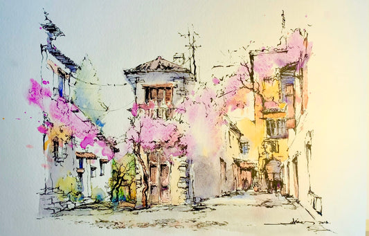 The French Town of Eze in a sea of flowers (size 11''x15'')